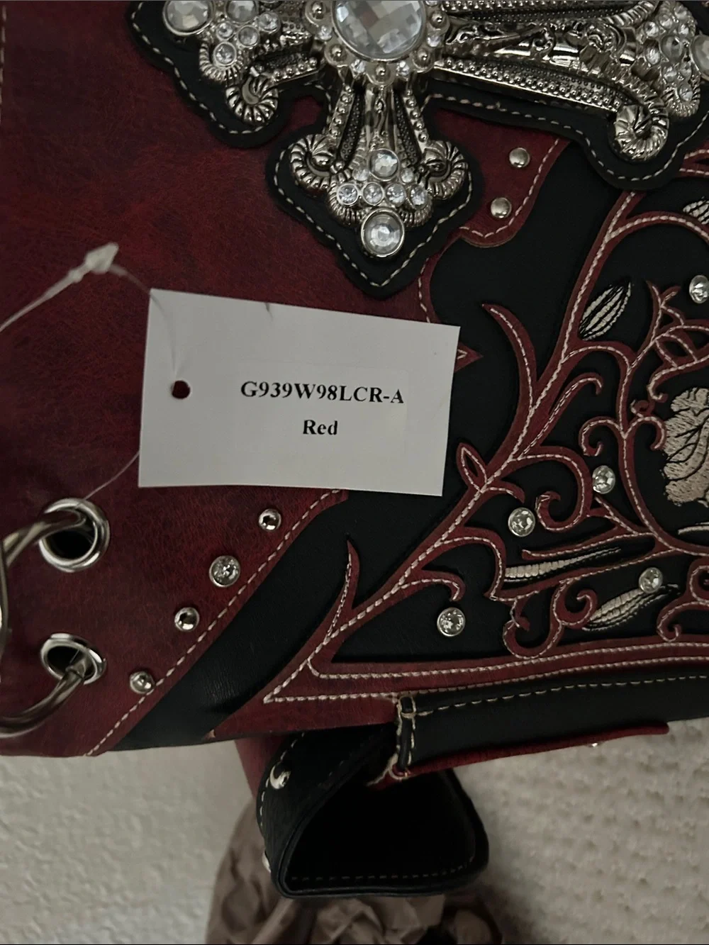 Women's Western Red and Black Embellished Cross Conceal and Carry Shoulder Bag